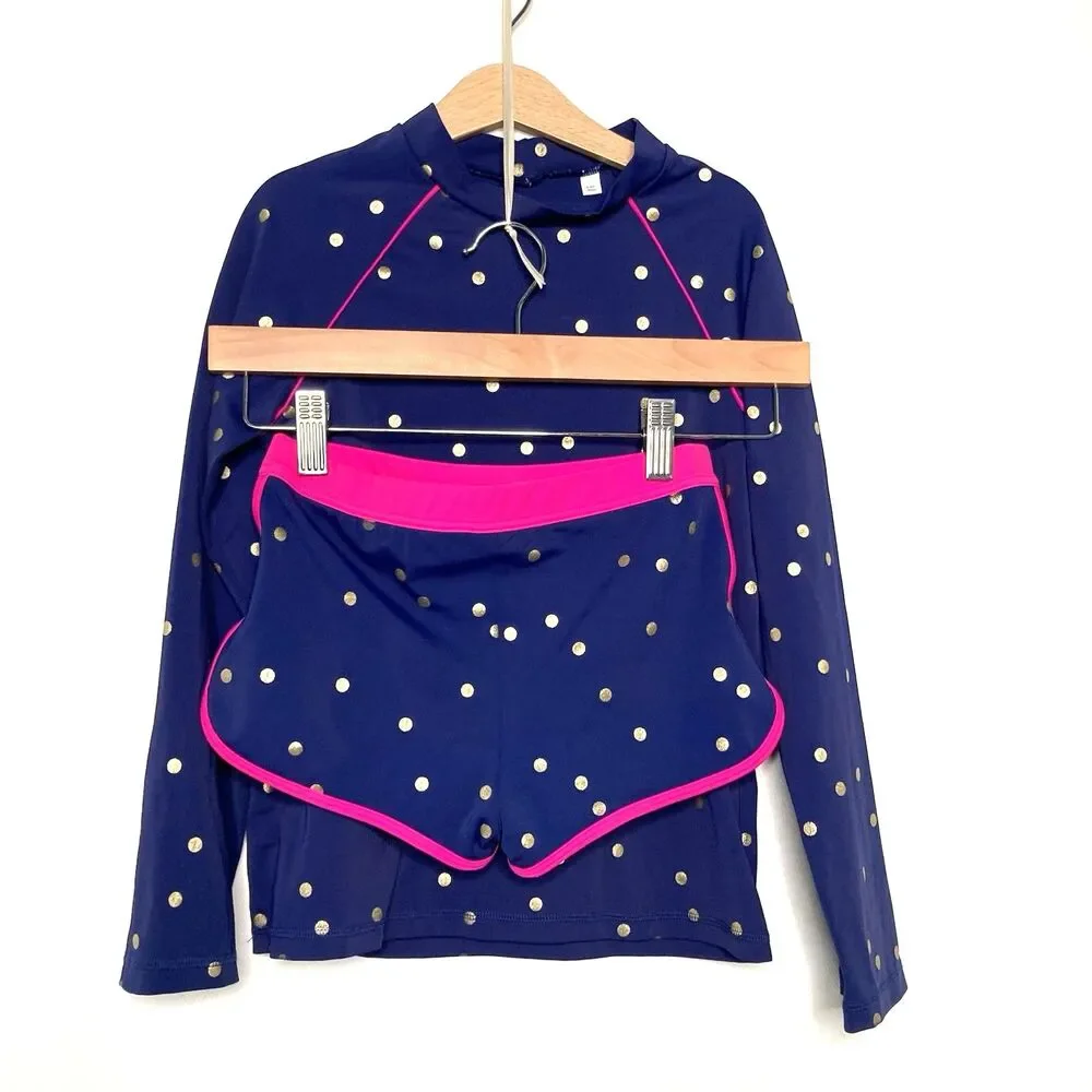 Boden Rash Guard Girls 9-10Y Navy Blue Gold Polka Dot UPF 40+ Swimsuit Set